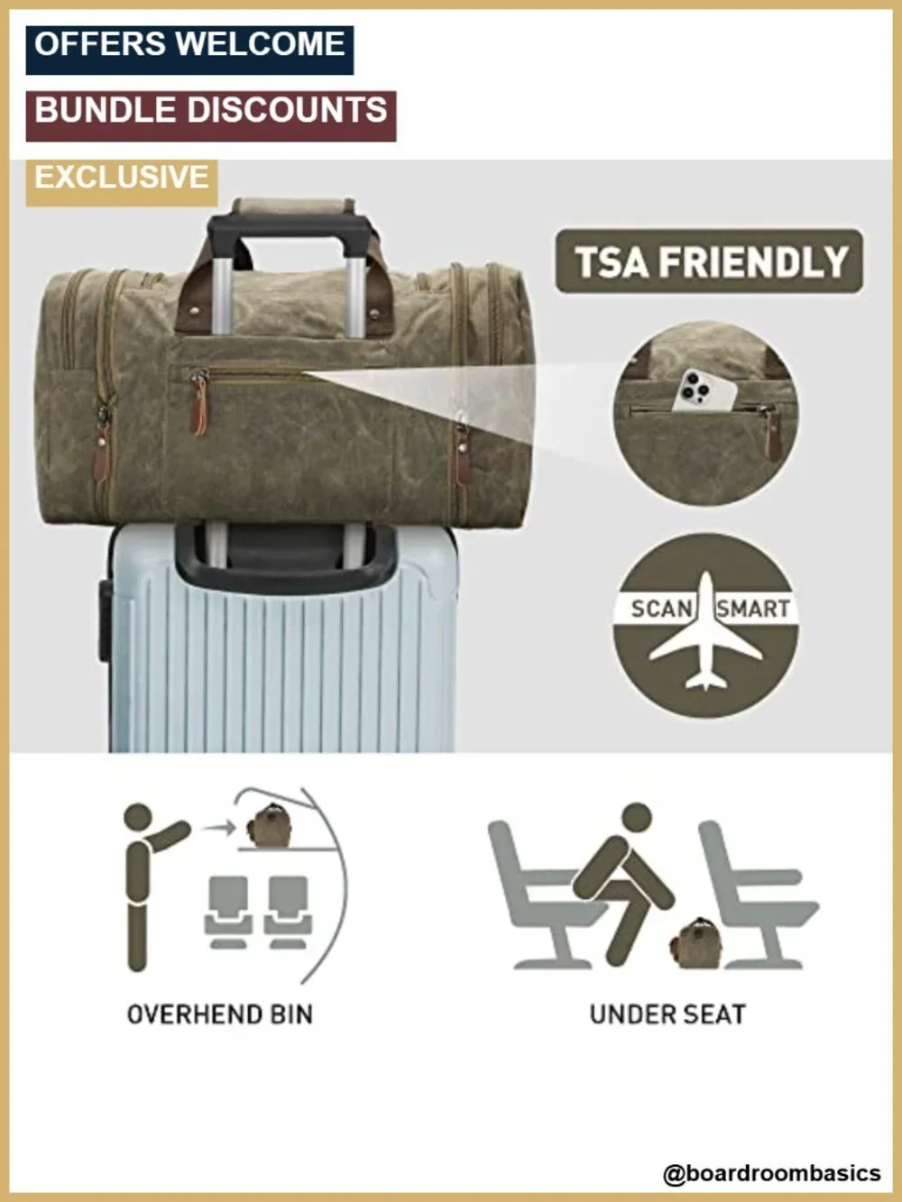 Waxed Canvas Duffle Bag 60L Weekender Overnight Travel Luggage